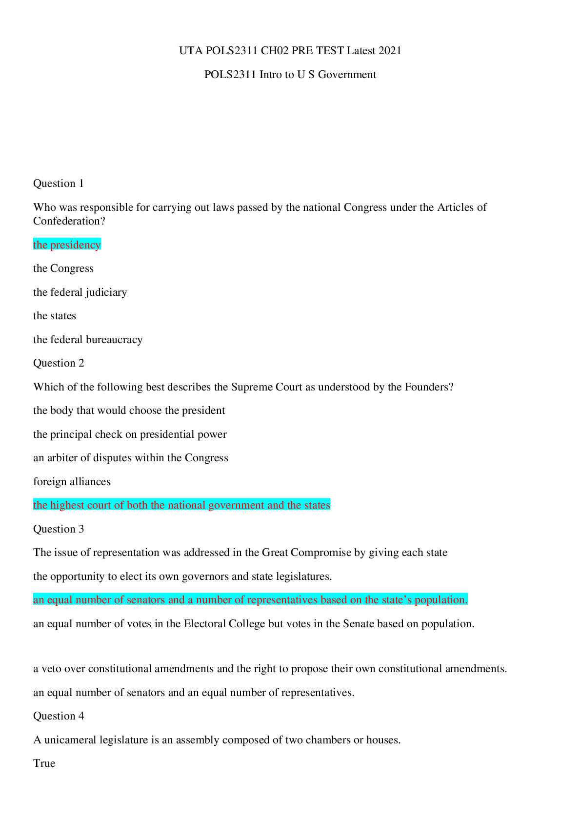Preview image for UTA POLS2311 CH02 PRE TEST Latest 2021/UTA POLS2311 CH02 PRE TEST Latest 2021